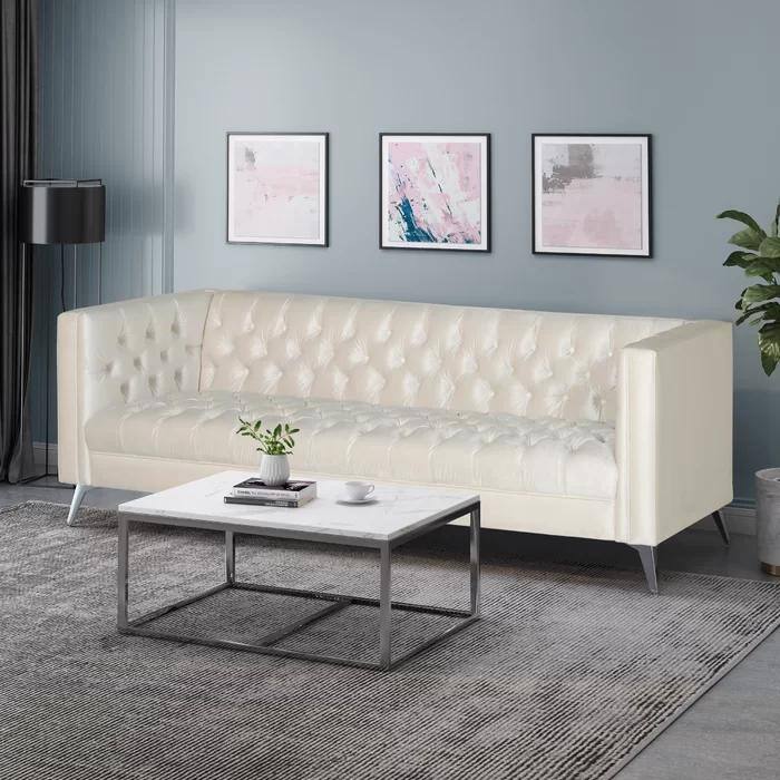 Modern 86.75" Faux Leather Button Tufted 3-seater Sofa with Smooth T-shaped Iron Legs for Living Room