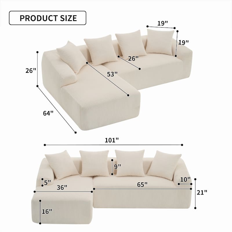 Chaise 3-Seater Sofa, Plush Corduroy, 4 Pillows, Compact