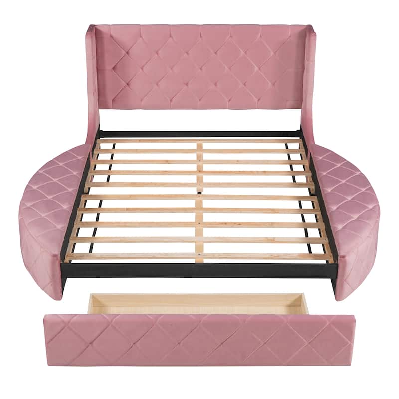 Velvet Queen Platform Bed with Wingback & Storage