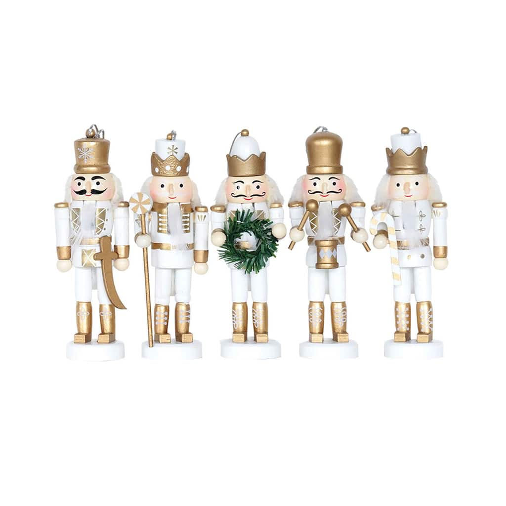 Set of 5 White and Gold Classic Christmas Nutcrackers Ornaments 5"