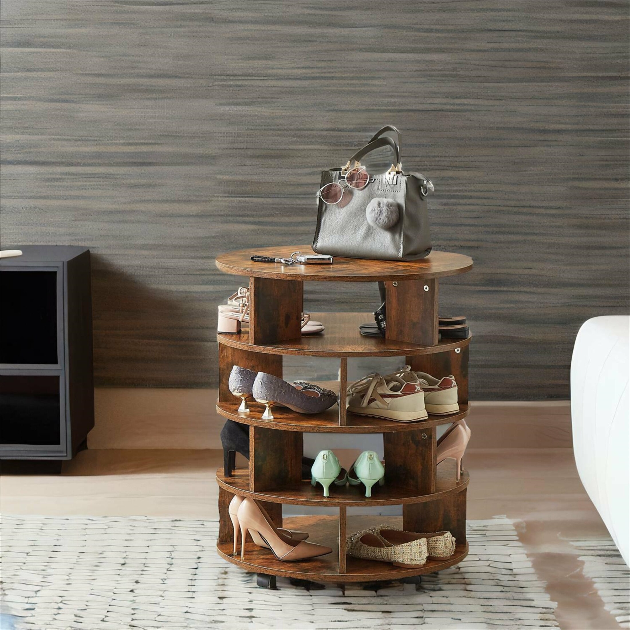 Round Pushable Wooden Shoe Cabinet on Wheels
