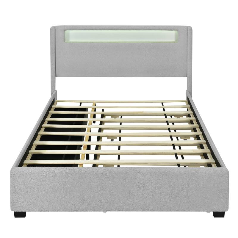 HomeRoots Light Gray Tufted Boucle Lighted Full Bed Frame With Trundle And USB And Drawers