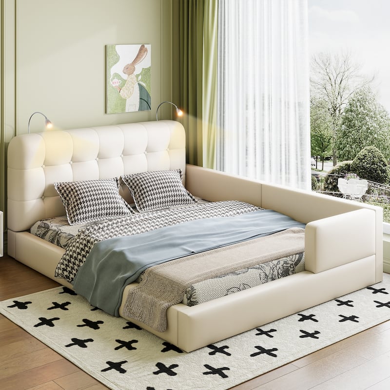 L-shape Platform Bed with Recessed Lights, Gingham Upholstered Queen Size