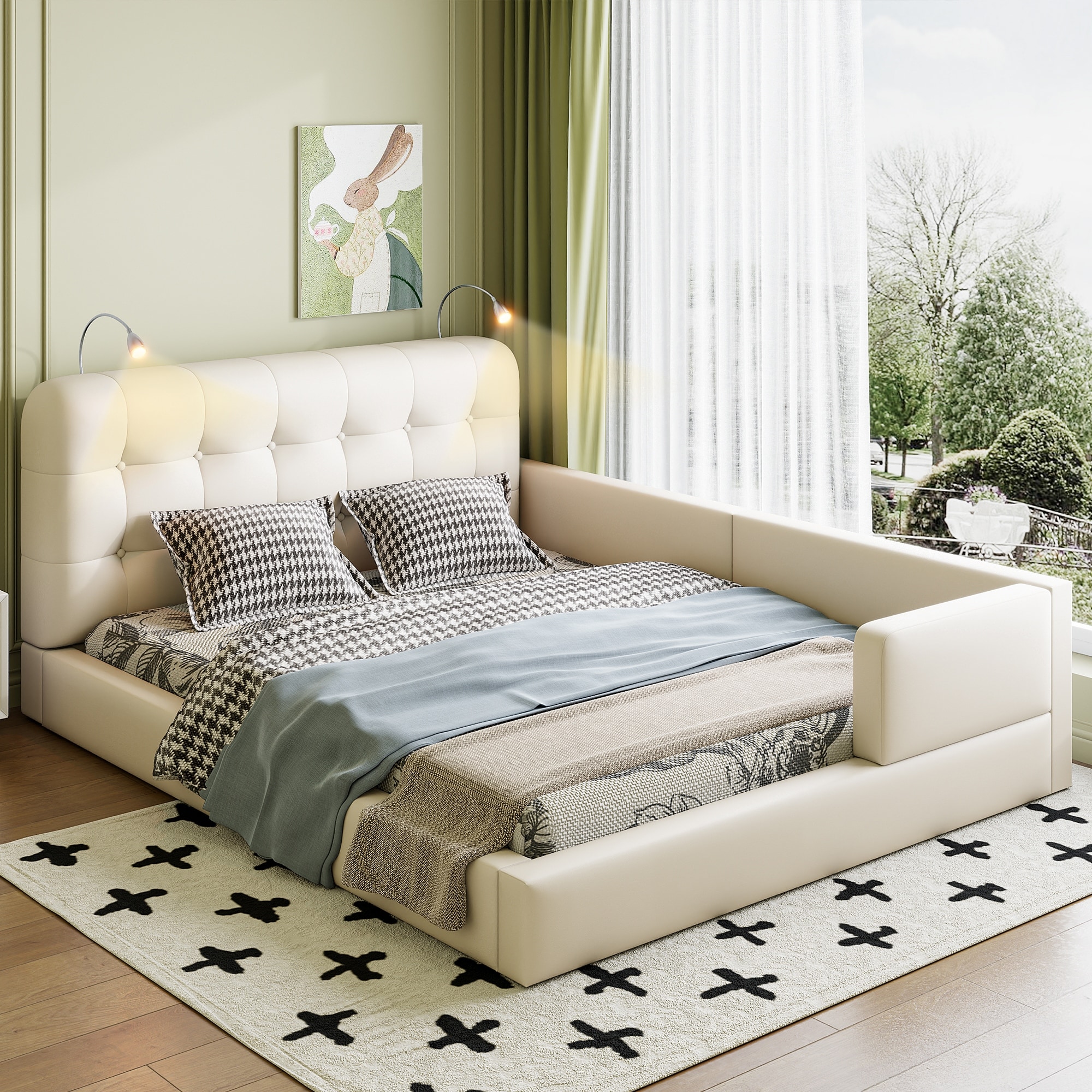 Queen Size Upholstered Platform Bed with 2 Reading Lights
