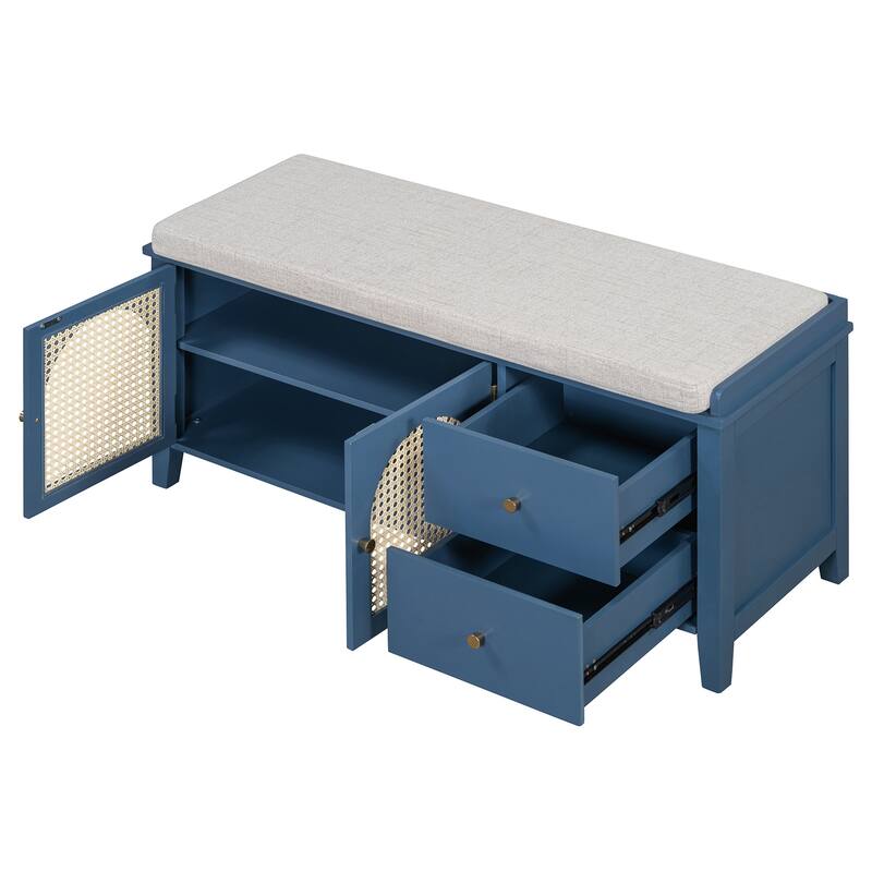Wood Frame Bench with Shoe Storage, Shoe Bench with Rattan Arched Door and 2 Drawers Entryway Fabric Upholstered Bench