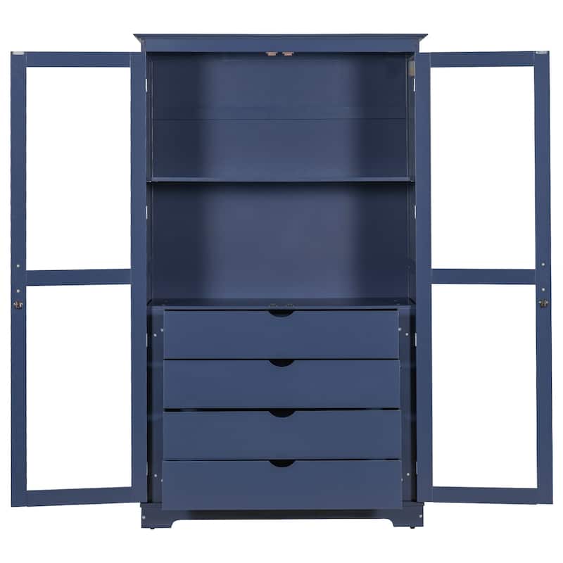 Kitchen Pantry, Freestanding Kitchen Storage Cabinet Display Cabinet with Glass Doors and 4 Built-in Drawers for Living Room