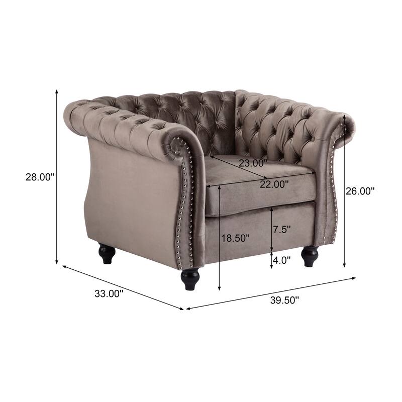 Roomfitters Tufted Club Chair with Deep Button Upholstery, Rolled Arm Design and Metal Stud Trim, Light Brown