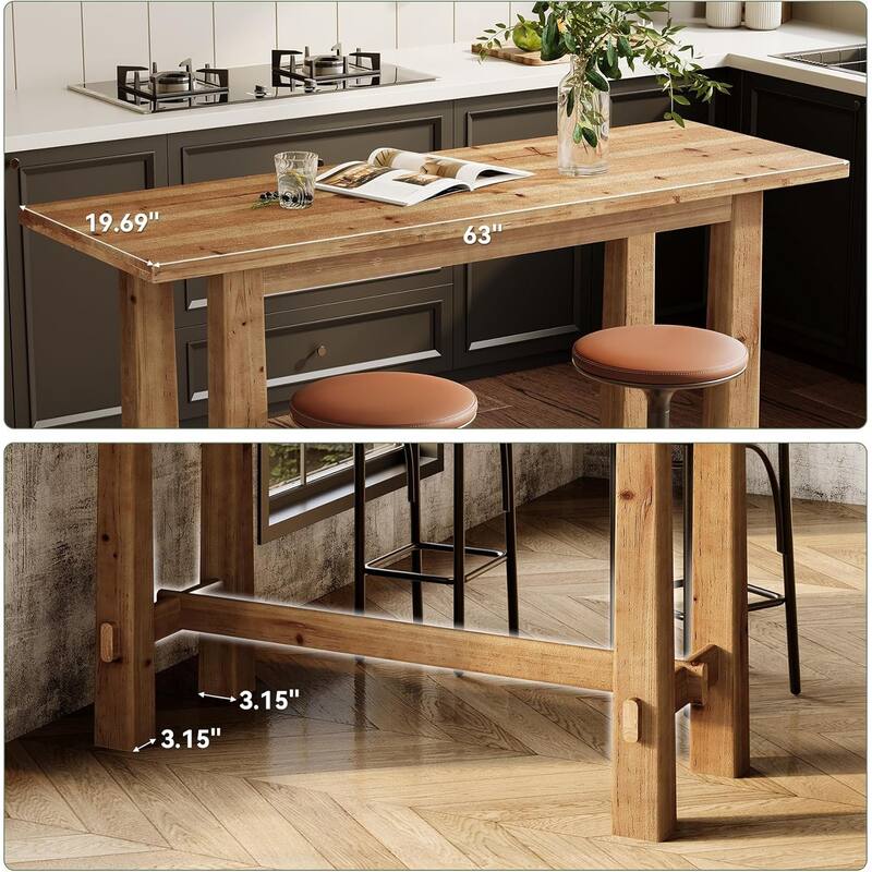 63" Long Industrial Solid Wood Bar Table for Kitchen, Home Bar, Café or Restaurant