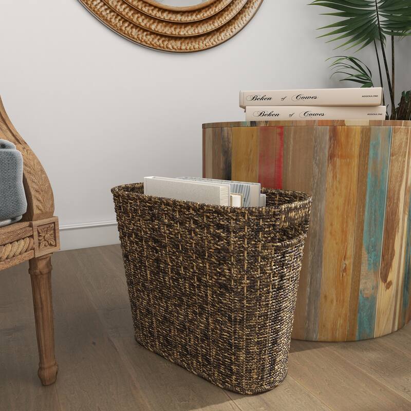 Brown Seagrass Handmade Woven Single Slot Magazine Holder with Light Brown Accents