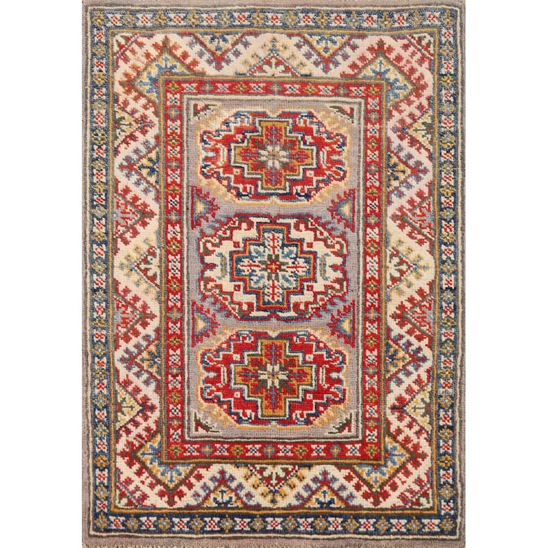 Geometric Kazak Oriental Foyer Rug Handmade Grey Wool Carpet - 2'0"x 3'0"