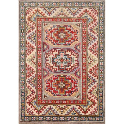 Geometric Kazak Oriental Foyer Rug Handmade Grey Wool Carpet - 2'0"x 3'0"