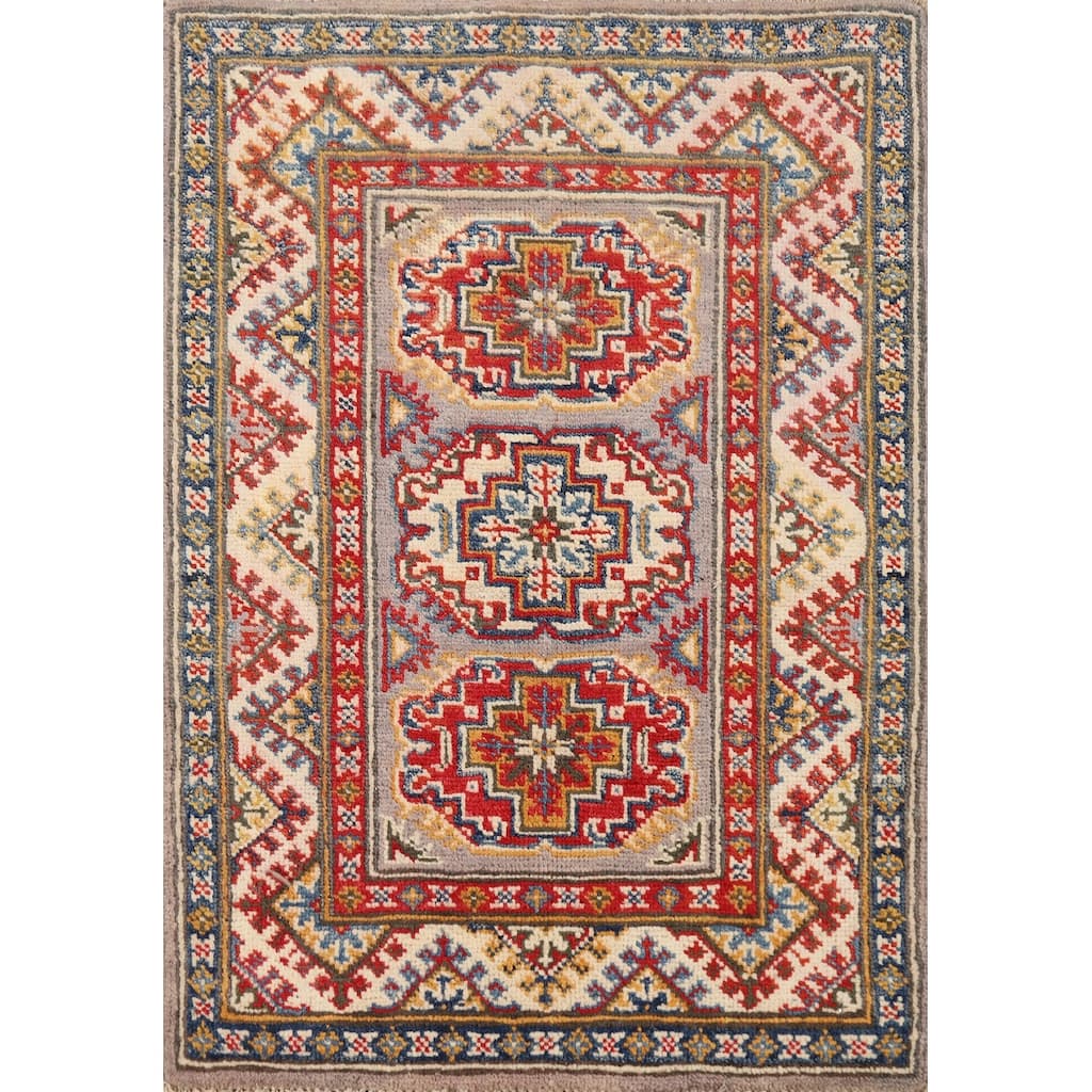 Geometric Kazak Oriental Foyer Rug Handmade Grey Wool Carpet - 2'0"x 3'0"