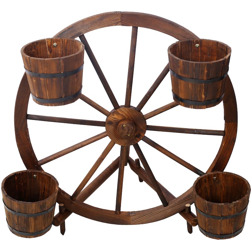 Wood wagon wheel barrel planter, Wagon Wheel Barrel Planter Display