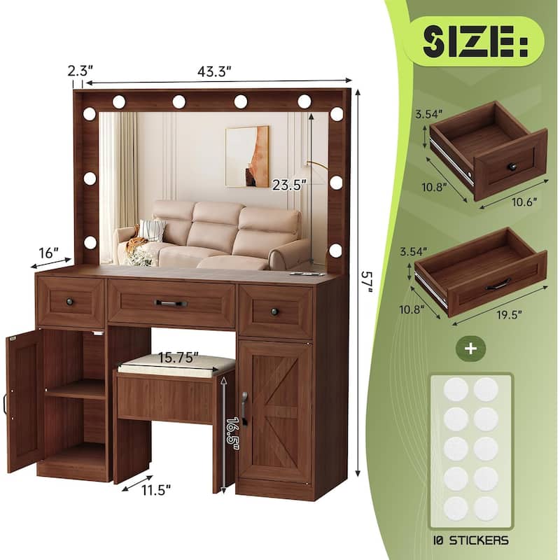 43.3'' Wide Makeup Vanity Dressing With Lighted Mirror and Stool