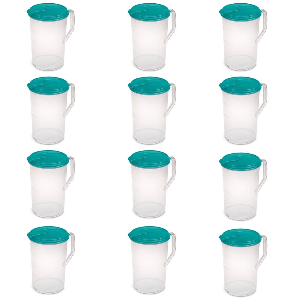 https://ak1.ostkcdn.com/images/products/is/images/direct/2aedc24ea88a22acf6b0513b75d7a57083333edc/Sterilite-1-Gallon-Round-Plastic-Pitcher-and-Spout%2C-Clear-w--Color-Lid-%2812-Pack%29.jpg