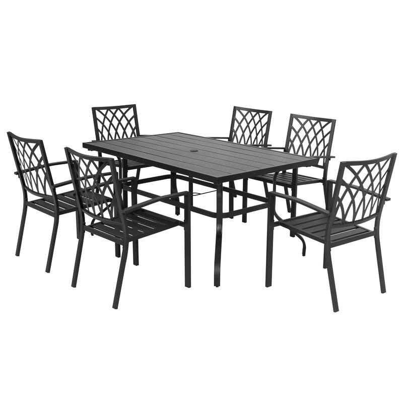 Outdoor 7Piece Iron Dining Set with 1.57'' Umbrella Hole, Black Bed