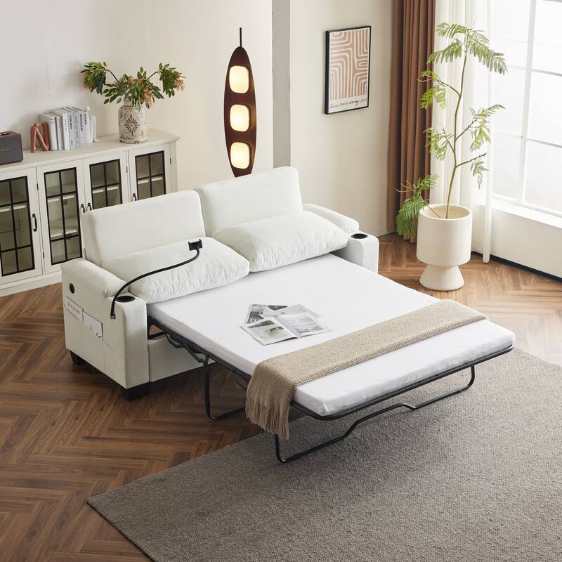 Pull-Out Queen Sofa Bed 73.63" with Memory Foam Mattress, Cup Holders, USB Ports, and Storage Pockets for Small Spaces