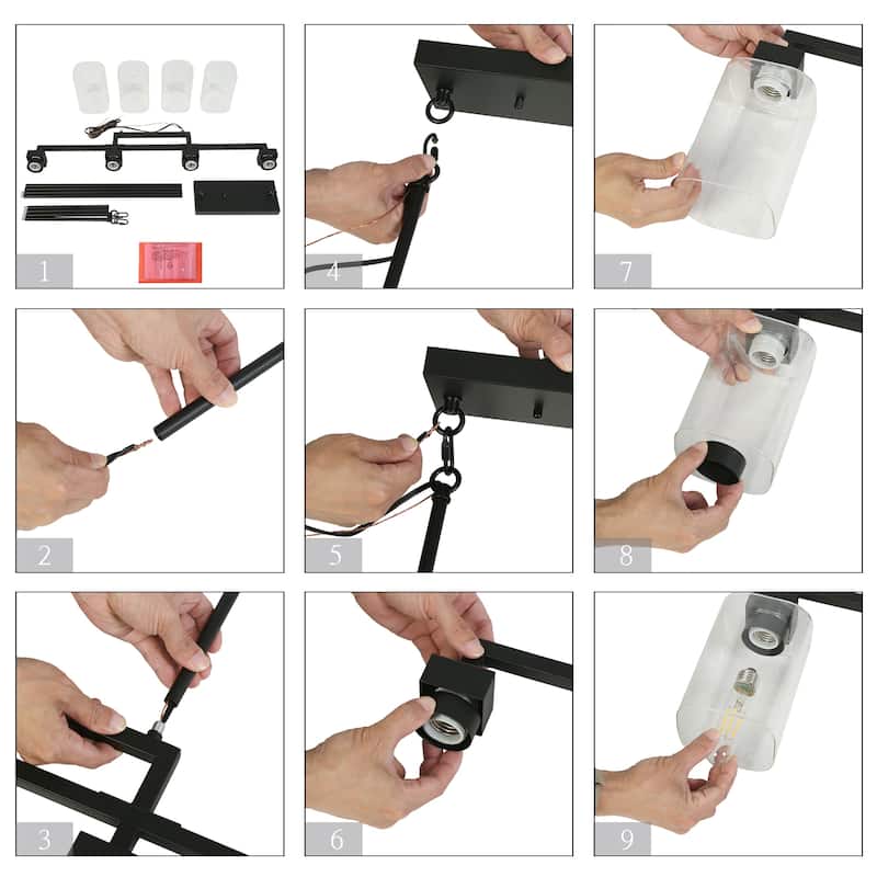 Mid-Century Modern 4-Light Black Chandelier Glass Island Lights for Dining Room - L 34.4" x D 4.3" x H 12"