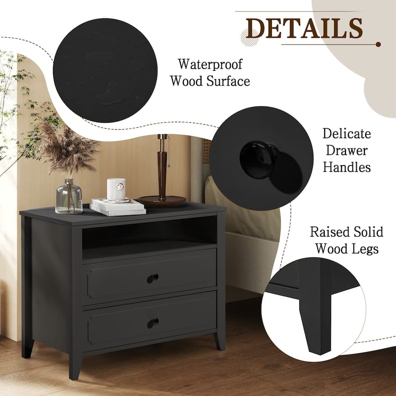 EROMMY Modern Wide Nightstand with 2 Drawers and Open Storage, Bedroom Bedside Table with Solid Wood Legs, Nightstand.