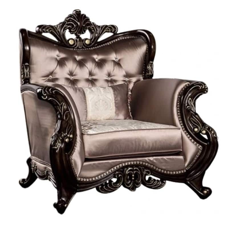 Aboi Armchair w Pillow, Brown Velvet, Ornate Carved Dark Cherry Wood