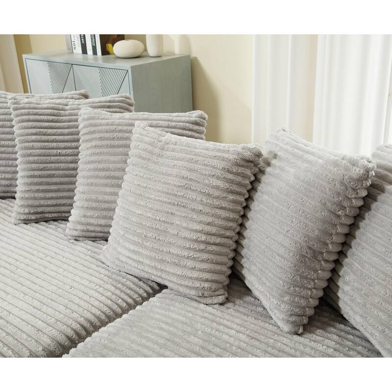 Gray 111" Corduroy Upholstered L-Shaped Sectional Sofa with Oversized Left Chaise Longue and 8 Throw Pillows