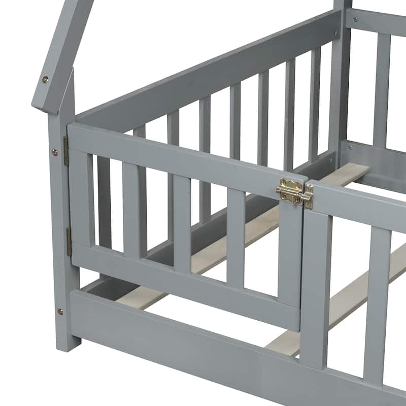 Twin Tent-shaped Floor Bed,Teepee Bed with Guardrails