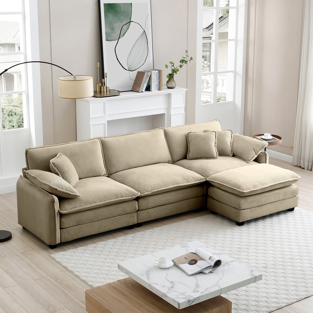 150.38" Modern L-Shaped Modular Sectional Sofa for Living Room, Corduroy Oversized 3-Seater Couch with Movable Ottoman