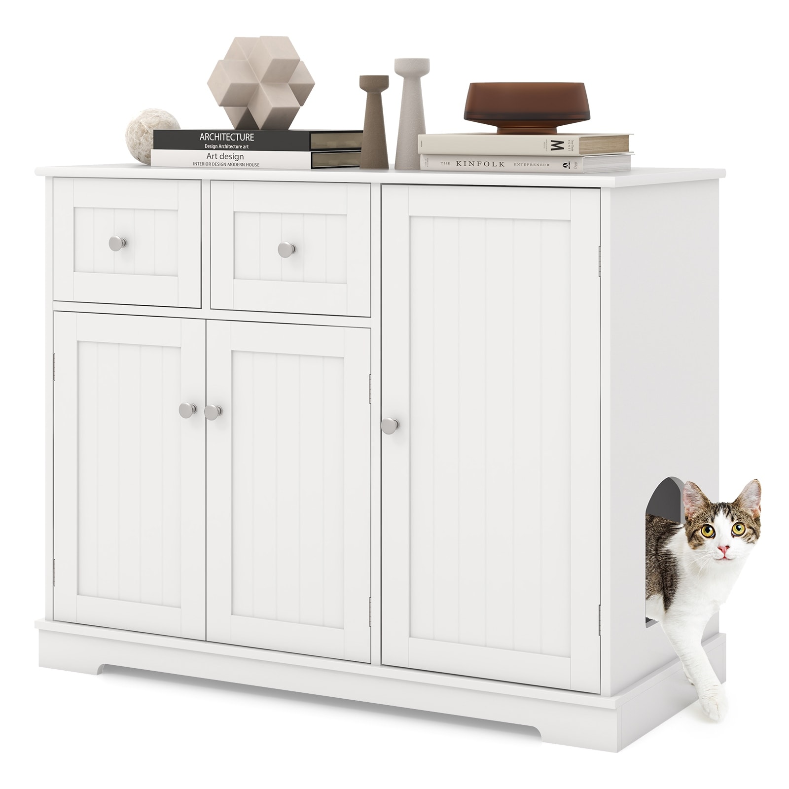 White MDF Cat Litter Box Enclosure with 2 Drawers, Side Entrances