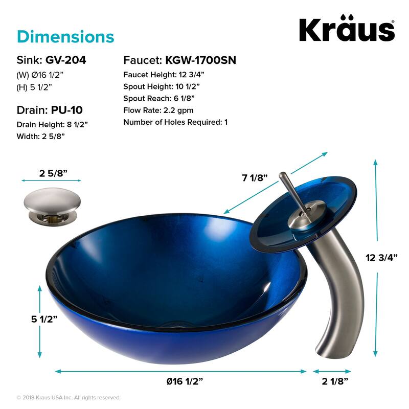 Kraus Bathroom Combo - 16-1/2" Irruption Blue Glass Vessel Bathroom
