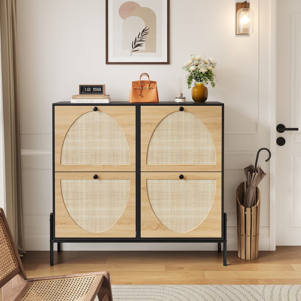 Space-Saving Rattan Shoe Cabinet with 4 Flip-Down Doors-Elegant Narrow Storage for Entryways & Hallways
