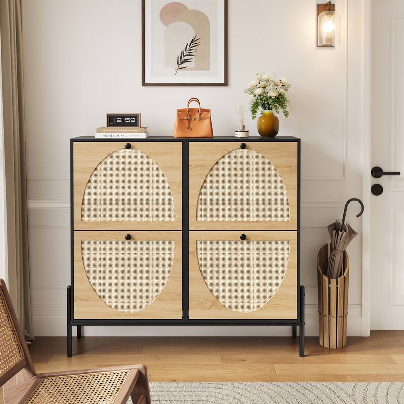 Space-Saving Rattan Shoe Cabinet with 4 Flip-Down Doors-Elegant Narrow Storage for Entryways & Hallways - Black