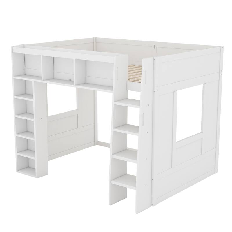GDFStudio - StoreMax Modern Wooden Queen Loft Bed with Storage Cabinets and Shelves