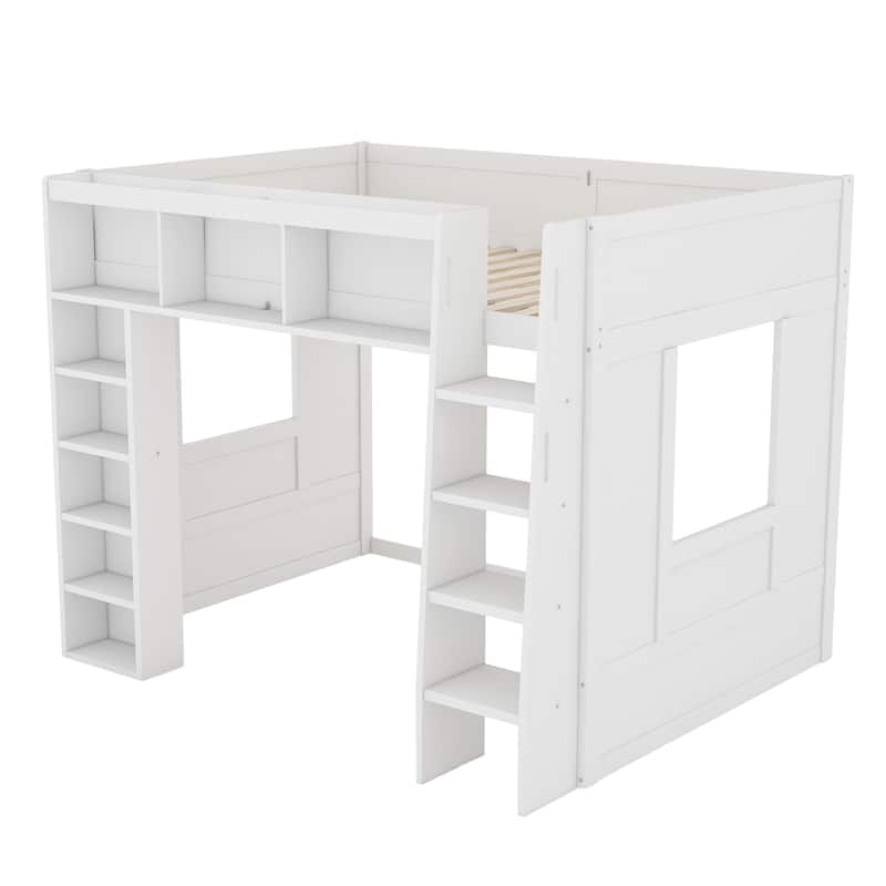 Queen Size Wooden Loft Bed with Storage Cabinets and Shelves, Multifunctional Country Style Design