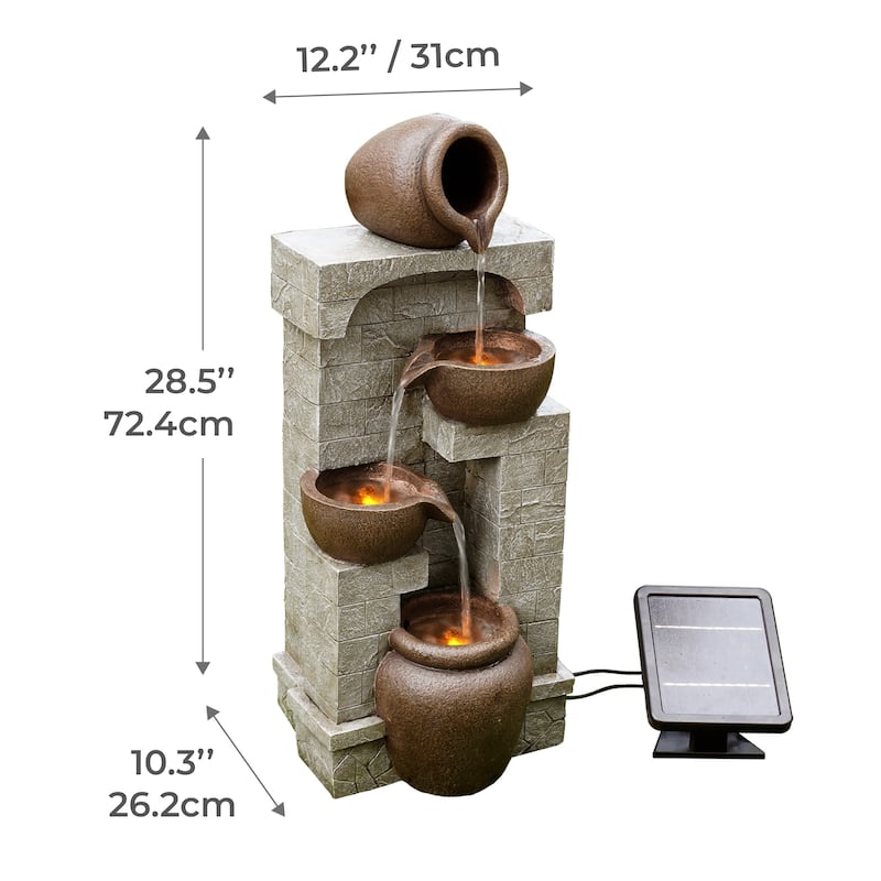 Teamson Home 4-Tier Bowl Solar Waterfall Fountain with Built-In LED Lights - 12"W x 10"L x 28"H