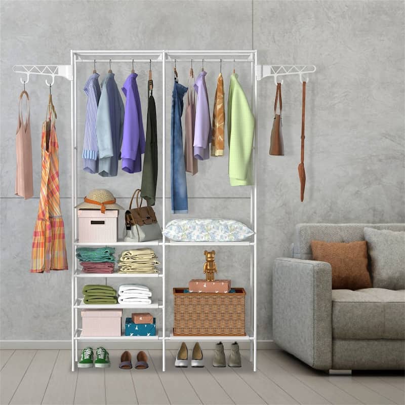 4 Tier Closet Organizer Shelf with Hanging Rod and Fabric Shelves - White