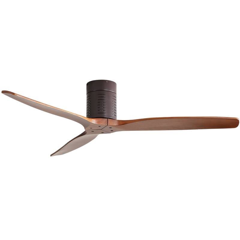 52 Inch Flush Mount Ceiling Fan with Remote Control,3 Wood Blades,Reverse Airflow,No Light - 52 Inch Blades - Brown