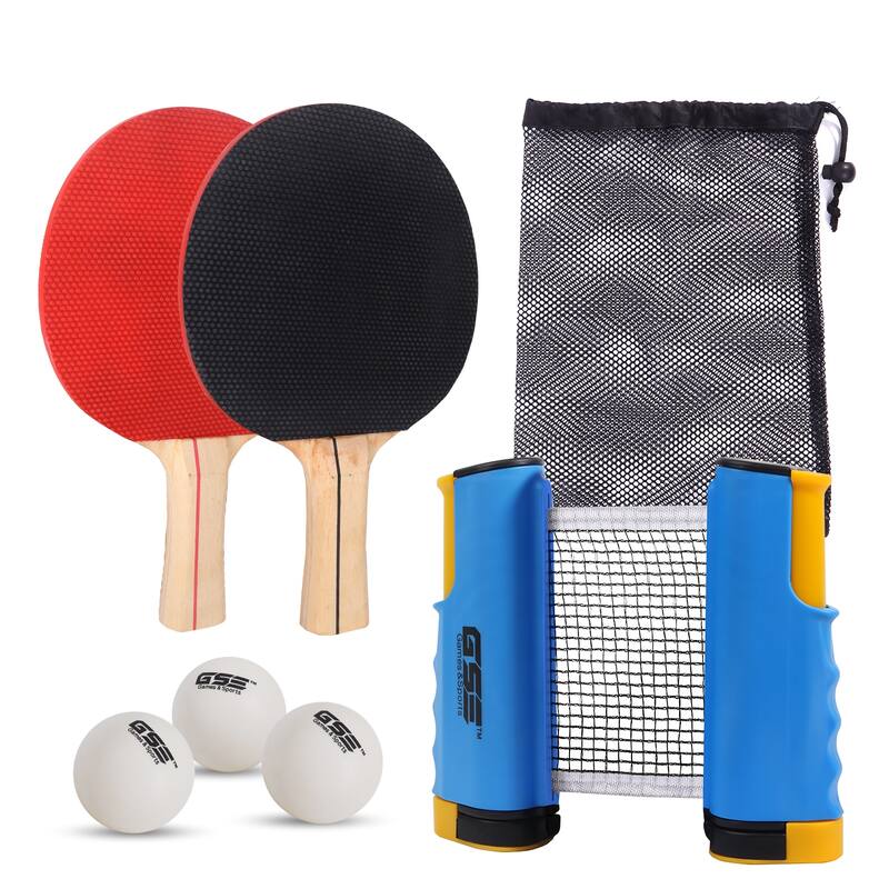 GSE™ Complete Portable Table Tennis Game Set with Retractable Ping Pong Net & Post, 2 Paddles & 3 Ping Pong Balls for Anywhere - Blue