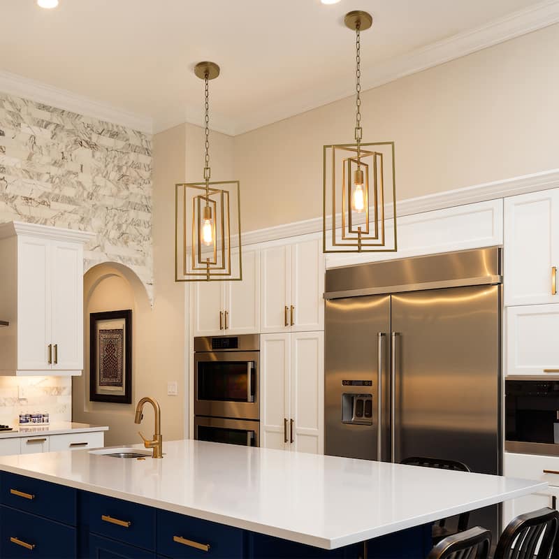 Rella Modern Farmhouse 1-Light Glam Gold Geometric Lantern Kitchen Island Pendant Foyer Lamp - W12"xH20.5"