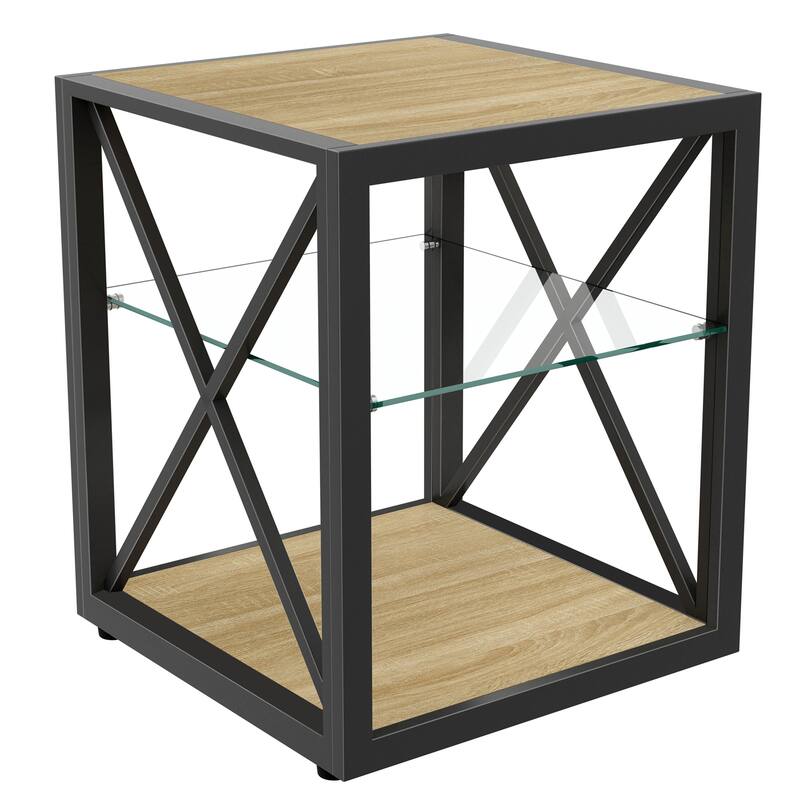 Anmytek Industrial 3 Tier Side Table with Glass Shelf Black Metal End Table for Living Room