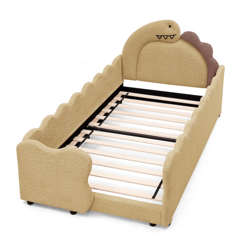 Twin Dinosaur-Shaped Kids Bed with Safety Guardrail - Solid Wood Toddler Bed Frame in Boucle Fabric