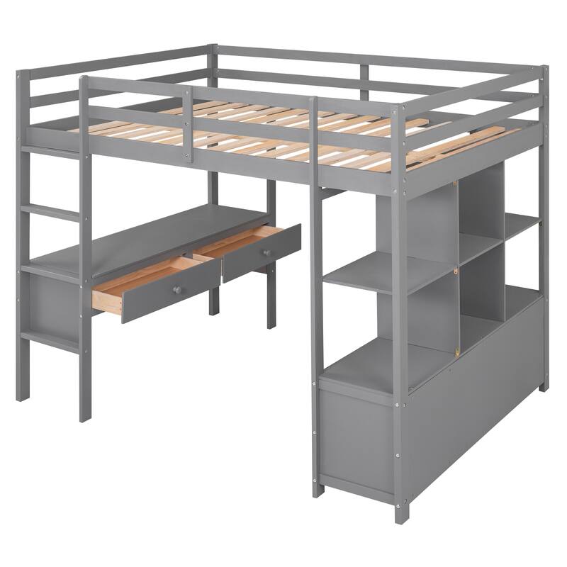 Full-Size Loft Bed with Desk, Drawers & Storage Shelves - Space-Saving Design