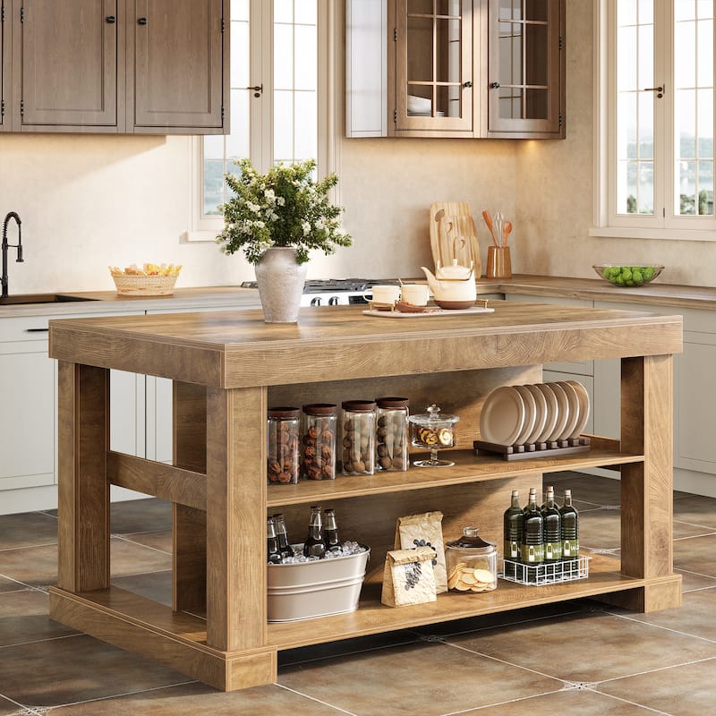 55-Inch Stationary Kitchen Island with Storage Shelves and Large Worktop, Farmhouse Style, Light Brown - Light Brown
