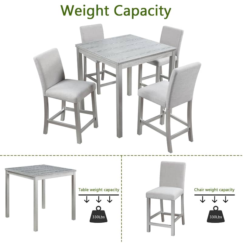 Counter Height Dining Table Chairs Set with Crystal Decorative Table Edge Wooden Square Table with 4 Dining Chairs, 5 Piece