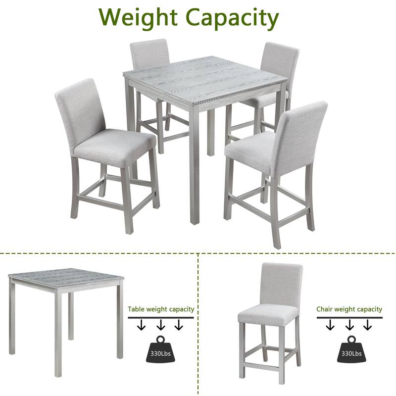 Modern 5-Piece Dining Set with Square Counter Height Table & 4 Upholstered Chairs