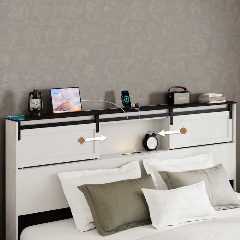 Metal Platform Bed Frame with USB Ports and Storage Headboard, Noise-Free Design, White Queen/King Bed Frame