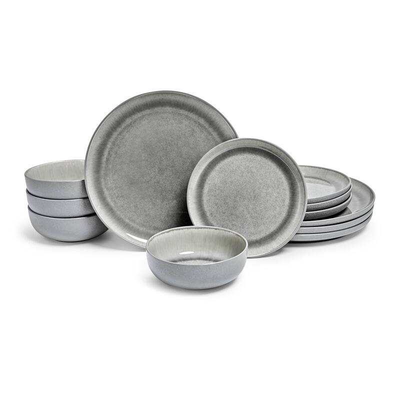 Sango Asher 12-Piece Gray Stoneware Dinnerware Set - Service for 4, Plate & Bowl Set - Grey