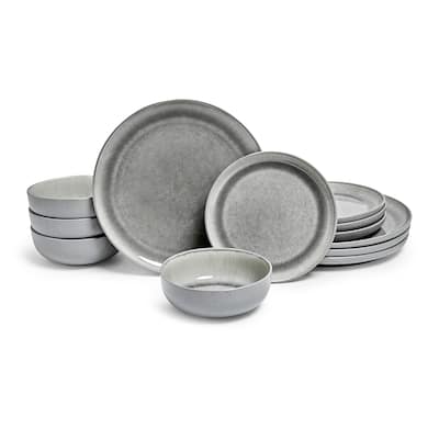Sango Asher 12-Piece Gray Stoneware Dinnerware Set - Service for 4, Plate & Bowl Set