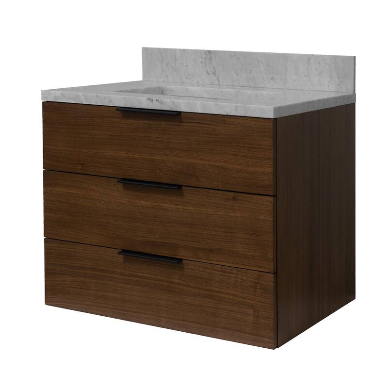 KitchenBathCollection Oslo 30" Floating Wall-Mounted Bathroom Vanity with Carrara Marble Top