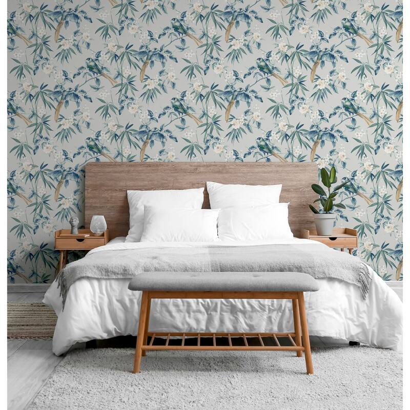Oriental Floral Birds Grey/Blue Wallpaper