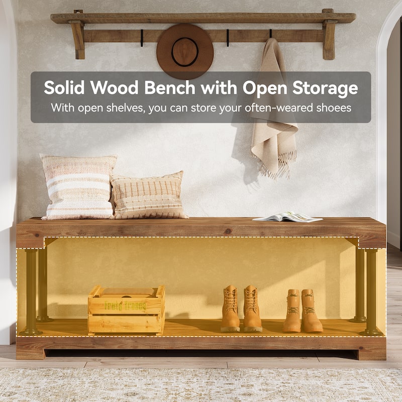 63" Solid Wood Entryway Bench, Industrial Storage Bench with Shelf